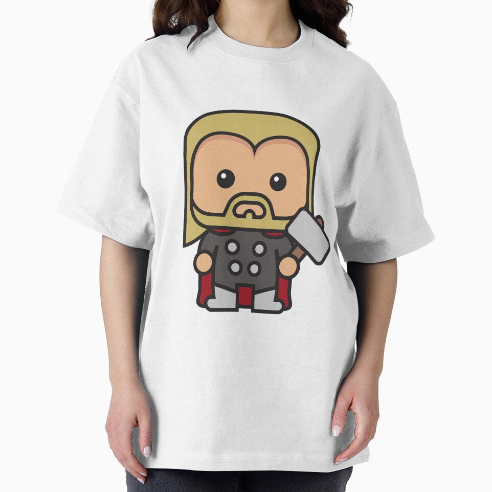 Cute Thunder God Chibi ÿ Kawaii Hammer Hero Cartoon | Myth Inspired Superhero Design Retro Style Tee