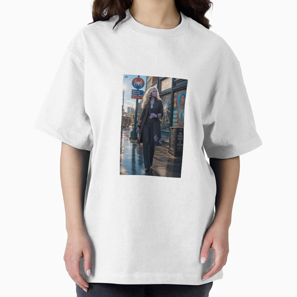 Blonde Woman in Black Coat Spiderman Brand New Day Casual Print T-Shirt