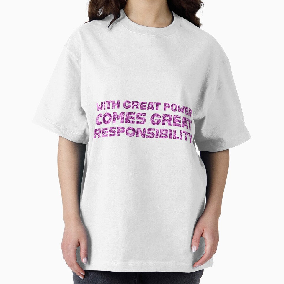 "With Great Power Comes Great Responsibilty" Inspirational Quote Pink Triangular Mosaic Design Retro Style Tee